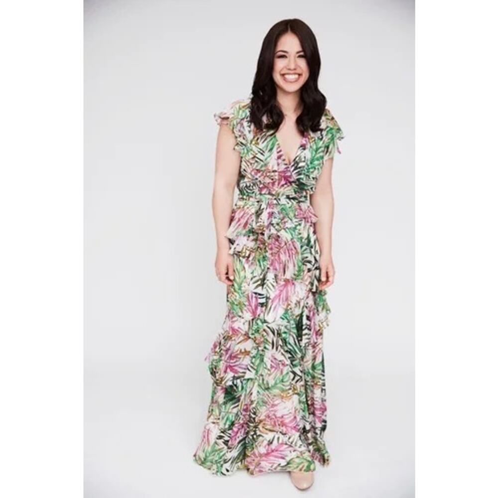 BADGLEY MISCHKA Pink Green Tropical Multi Palm Print Ruffle Maxi Gown Dress sz 8